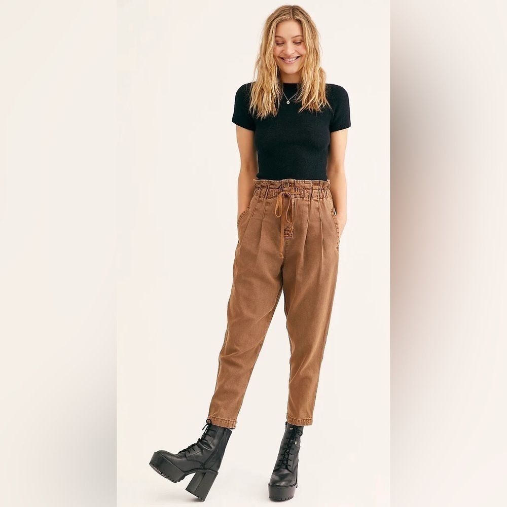 Free People Women's Margate Pleated Trousers Paperbag Waist Pants Brown Size S P